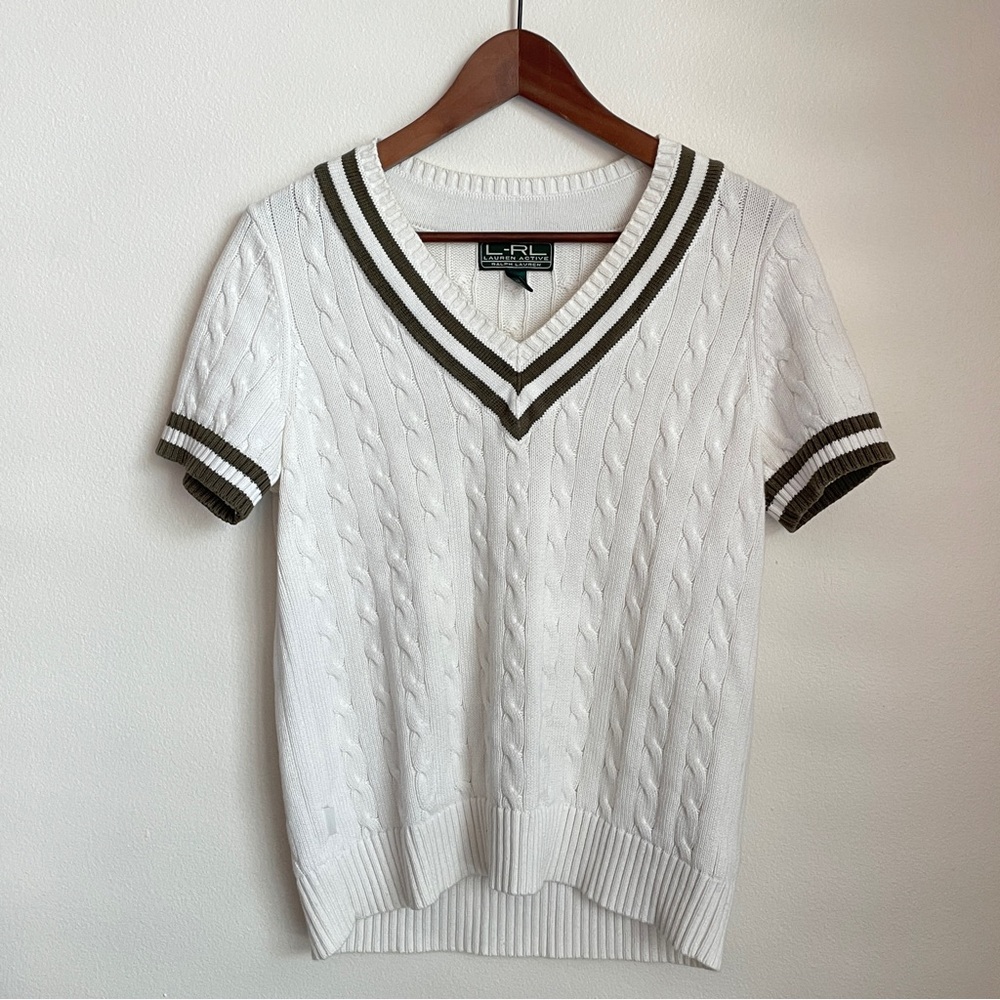 Ralph Lauren White Cable Knit Sweater Size Large Tennis Varsity Preppy